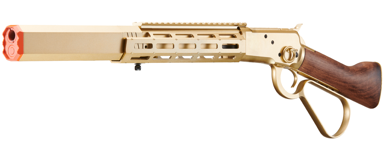 Atlas Custom Works M1873 "Mares Leg" Lever Action Airsoft Green Gas Rifle w/ M-LOK Rail and Suppressor (Color: Gold) - Click Image to Close