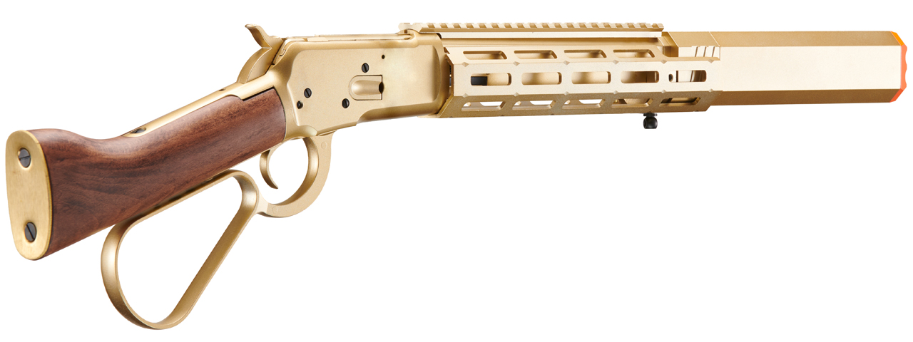 Atlas Custom Works M1873 "Mares Leg" Lever Action Airsoft Green Gas Rifle w/ M-LOK Rail and Suppressor (Color: Gold) - Click Image to Close