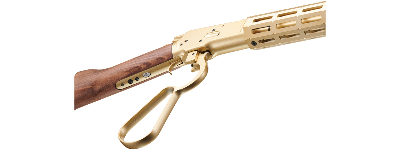 Atlas Custom Works M1873 "Mares Leg" Lever Action Airsoft Green Gas Rifle w/ M-LOK Rail and Suppressor (Color: Gold)