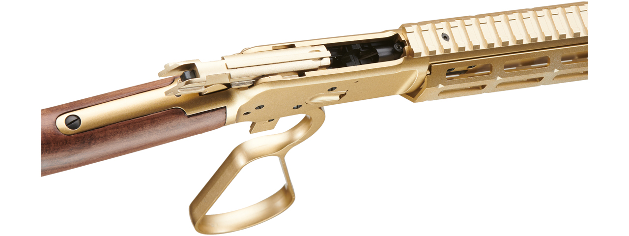 Atlas Custom Works M1873 "Mares Leg" Lever Action Airsoft Green Gas Rifle w/ M-LOK Rail and Suppressor (Color: Gold)