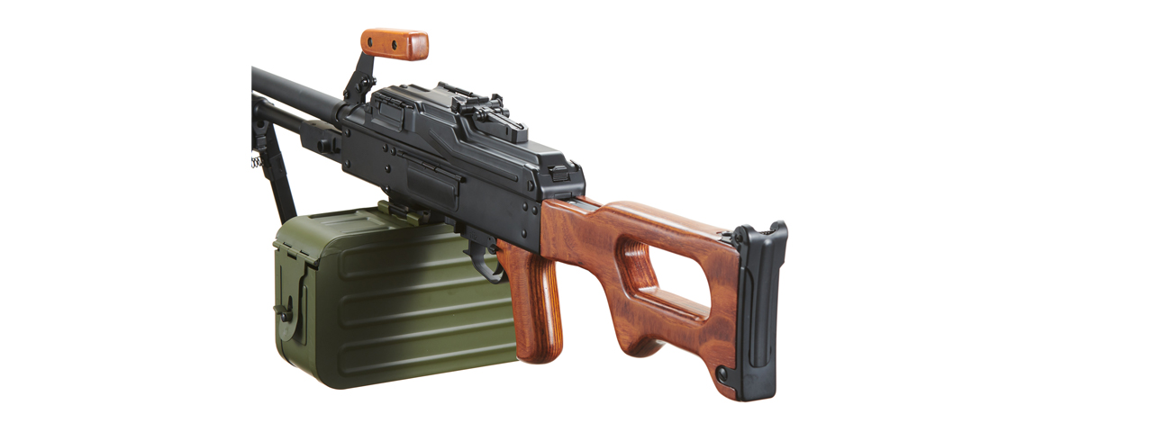 Atlas Custom Works PKM Russian Battlefield Squad Airsoft Machine Gun with Real Wood Furniture (Color: Black) - Click Image to Close