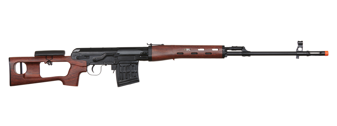 Atlas Custom Works SVD Dragunov Electric Airsoft Sniper Rifle w/ Faux Wood Furniture & Fixed Sportsman Stock (Color: Faux Wood) - Click Image to Close