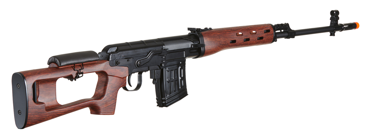 Atlas Custom Works SVD Dragunov Electric Airsoft Sniper Rifle w/ Faux Wood Furniture & Fixed Sportsman Stock (Color: Faux Wood) - Click Image to Close