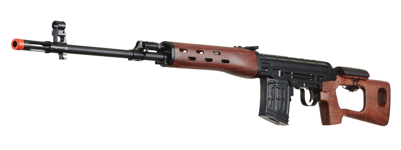 Atlas Custom Works SVD Dragunov Electric Airsoft Sniper Rifle w/ Faux Wood Furniture & Fixed Sportsman Stock (Color: Faux Wood) - Click Image to Close