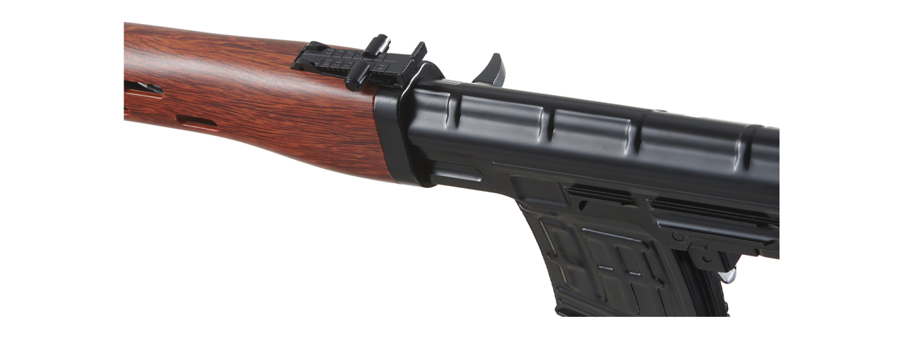 Atlas Custom Works SVD Dragunov Electric Airsoft Sniper Rifle w/ Faux Wood Furniture & Fixed Sportsman Stock (Color: Faux Wood) - Click Image to Close