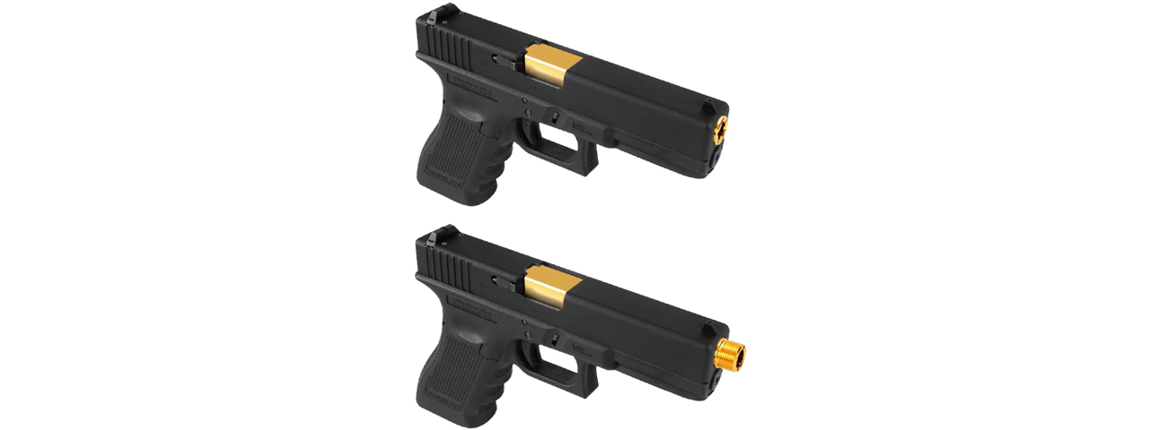 Laylax 2 Way Fixed Non-Recoiling Outer Barrel for Umarex Glock 17 Gen 4 (Color: Gold) - Click Image to Close