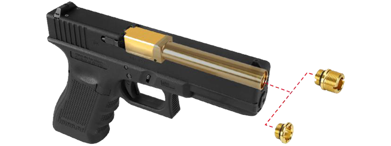 Laylax 2 Way Fixed Non-Recoiling Outer Barrel for Umarex Glock 17 Gen 4 (Color: Gold) - Click Image to Close
