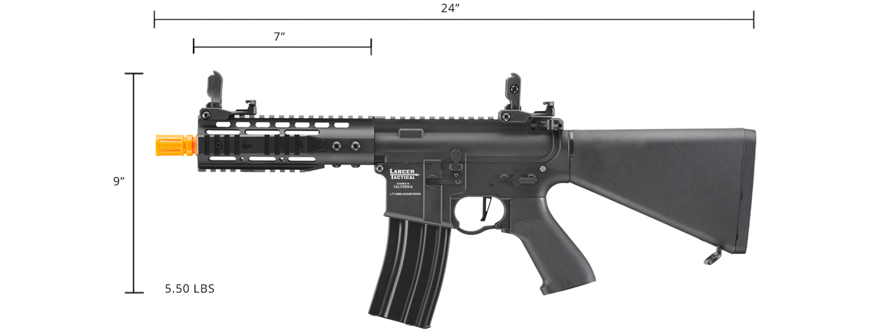 Lancer Tactical Proline 7" KeyMod Airsoft AEG Rifle w/ Stubby Stock (Color: Black) - Click Image to Close