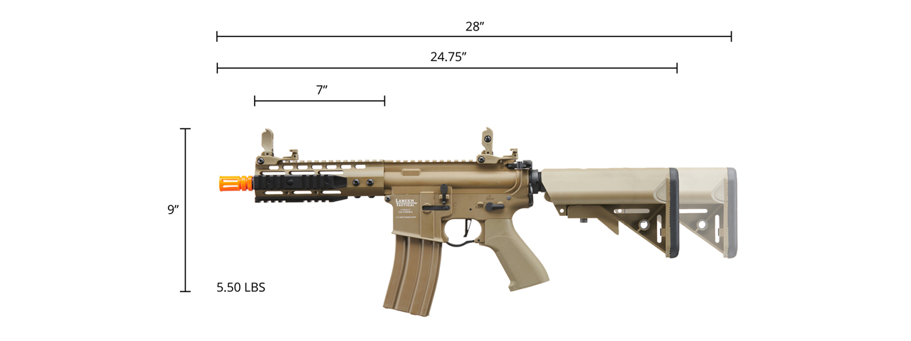 Lancer Tactical Proline 7" KeyMod Railed Airsoft AEG Rifle with Picatinny Rail Segments (Color: Tan)