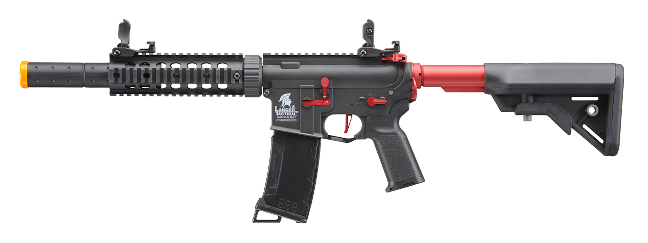 Lancer Tactical Gen 3 M4 Carbine SD AEG Airsoft Rifle with Mock Suppressor (Color: Black with Red Accents) - Click Image to Close