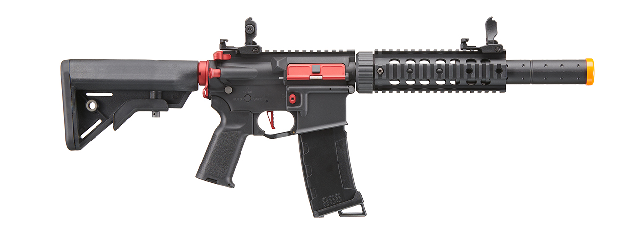 Lancer Tactical Gen 3 M4 Carbine SD AEG Airsoft Rifle with Mock Suppressor (Color: Black with Red Accents) - Click Image to Close