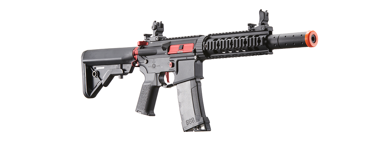 Lancer Tactical Gen 3 M4 Carbine SD AEG Airsoft Rifle with Mock Suppressor (Color: Black with Red Accents) - Click Image to Close