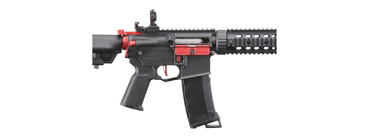 Lancer Tactical Gen 3 M4 Carbine SD AEG Airsoft Rifle with Mock Suppressor (Color: Black with Red Accents)