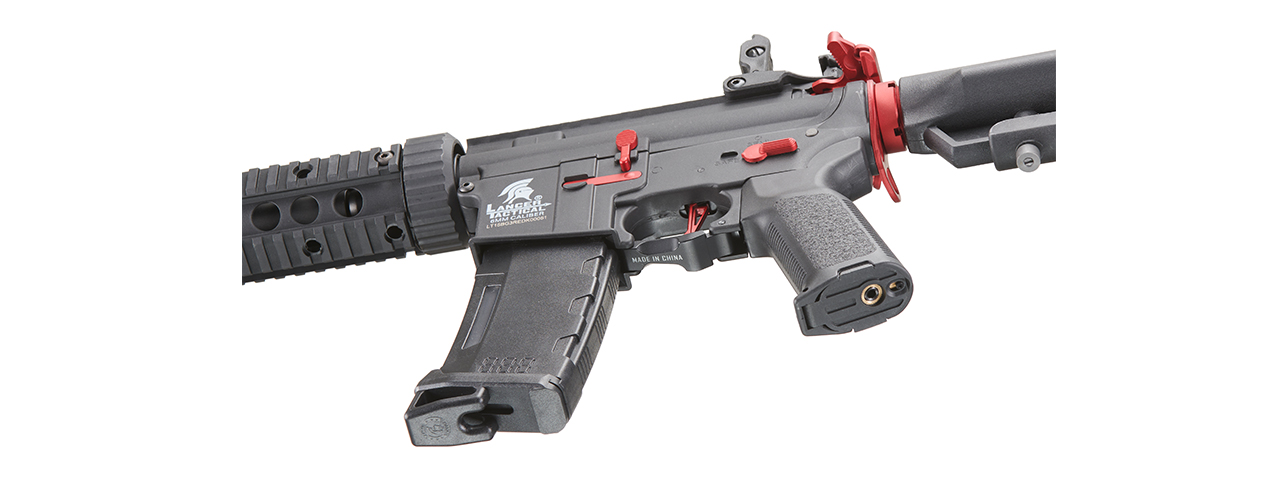 Lancer Tactical Gen 3 M4 Carbine SD AEG Airsoft Rifle with Mock Suppressor (Color: Black with Red Accents)