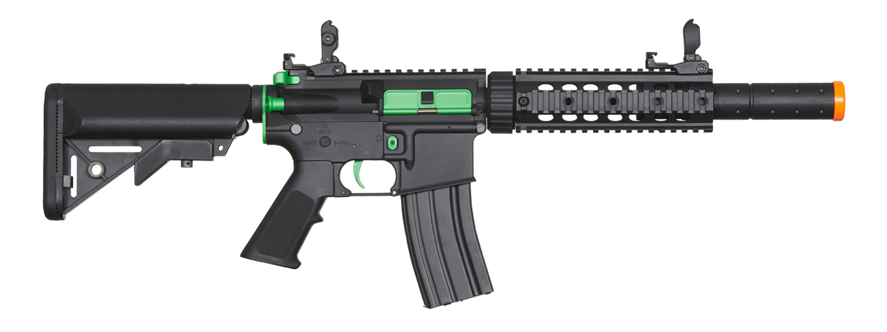 Lancer Tactical Gen 2 M4 SD Carbine Airsoft AEG Rifle with Mock Suppressor (Color: Black / Green) - Click Image to Close