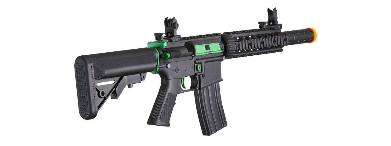 Lancer Tactical Gen 2 M4 SD Carbine Airsoft AEG Rifle with Mock Suppressor (Color: Black / Green) - Click Image to Close