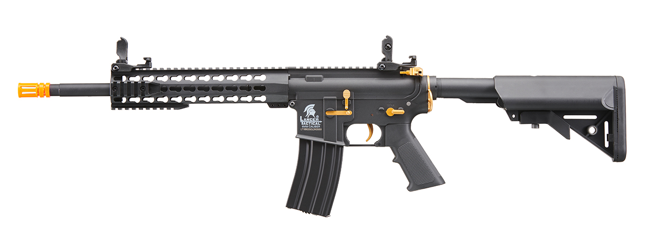 Lancer Tactical Gen 2 10" Keymod M4 Carbine Airsoft AEG Rifle with Gold Accents (Color: Black) - Click Image to Close