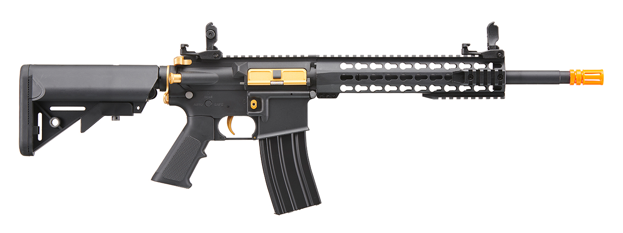 Lancer Tactical Gen 2 10" Keymod M4 Carbine Airsoft AEG Rifle with Gold Accents (Color: Black) - Click Image to Close