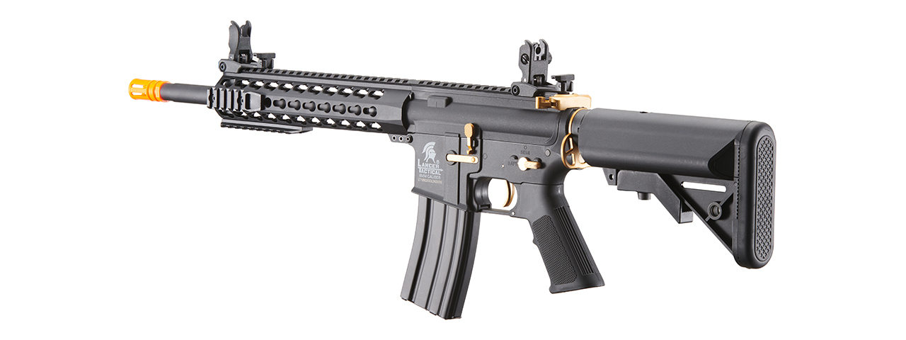 Lancer Tactical Gen 2 10" Keymod M4 Carbine Airsoft AEG Rifle with Gold Accents (Color: Black) - Click Image to Close
