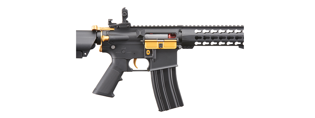 Lancer Tactical Gen 2 10" Keymod M4 Carbine Airsoft AEG Rifle with Gold Accents (Color: Black) - Click Image to Close