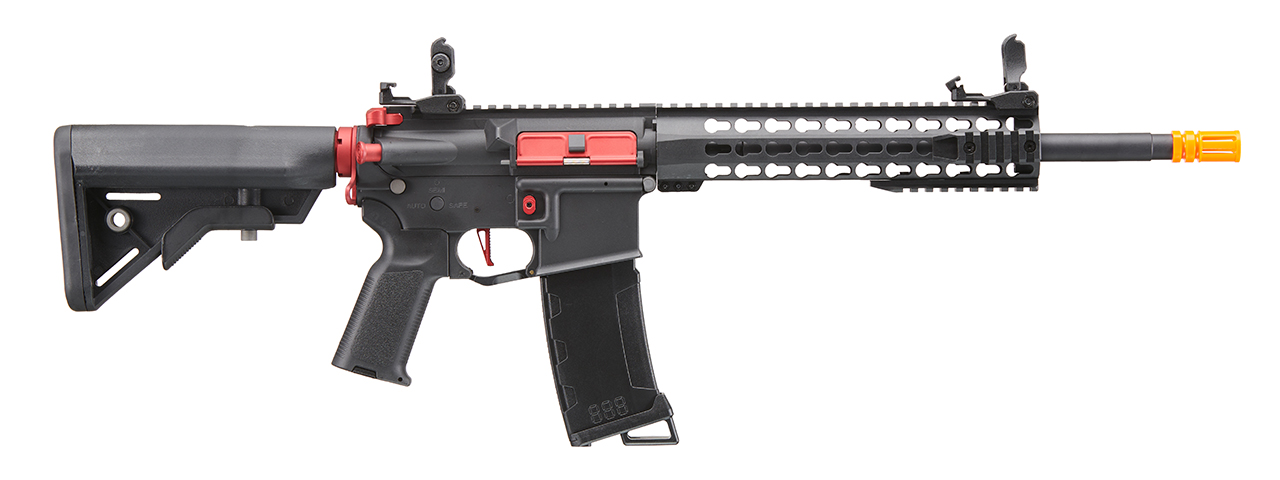 Lancer Tactical Gen 3 10" Keymod Airsoft M4 Carbine AEG Rifle with Red Accents (Color: Black) - Click Image to Close