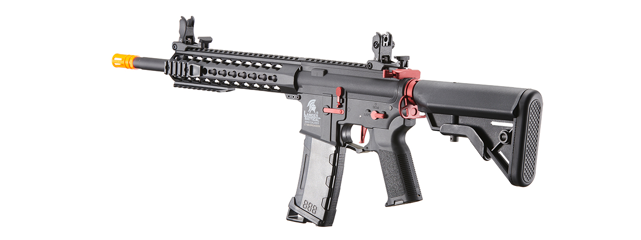 Lancer Tactical Gen 3 10" Keymod Airsoft M4 Carbine AEG Rifle with Red Accents (Color: Black) - Click Image to Close