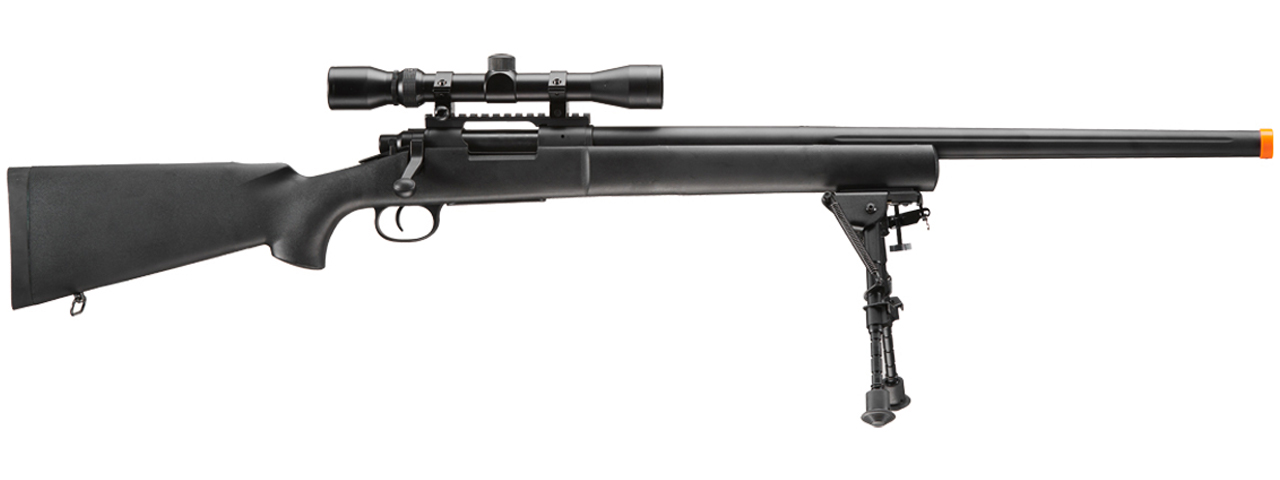 Lancer Tactical Low FPS M24 Bolt Action Spring Powered Sniper Rifle w/ Scope & Bipod (Color: Black) - Click Image to Close