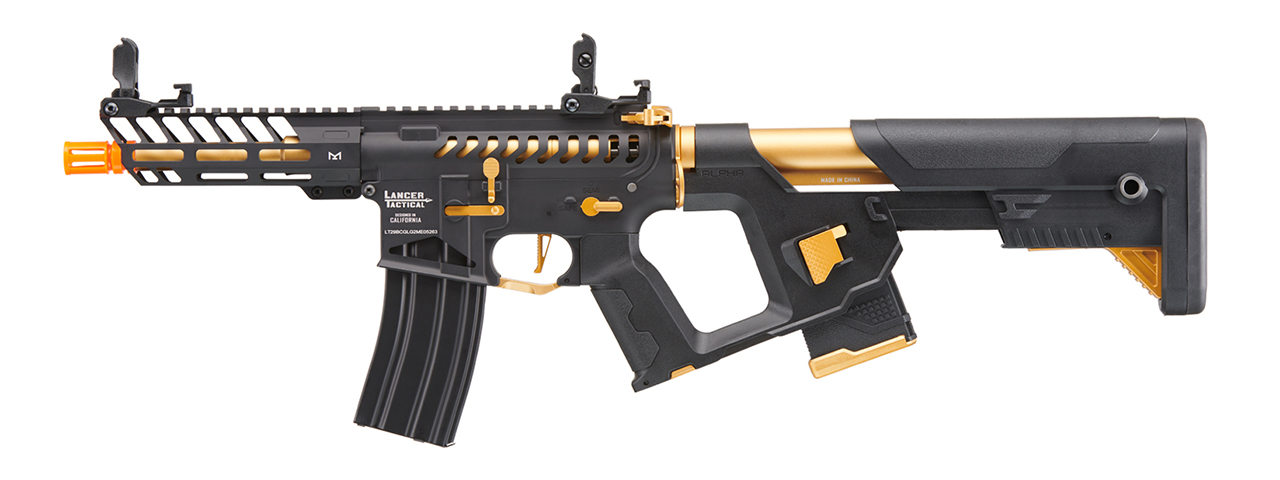 Lancer Tactical Low FPS Enforcer Needletail Skeleton AEG with Alpha Stock (Color: Black & Gold) - Click Image to Close