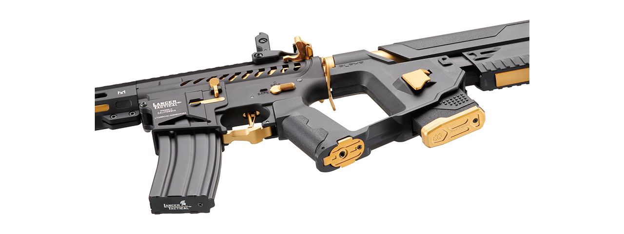 Lancer Tactical Low FPS Enforcer Needletail Skeleton AEG with Alpha Stock (Color: Black & Gold) - Click Image to Close