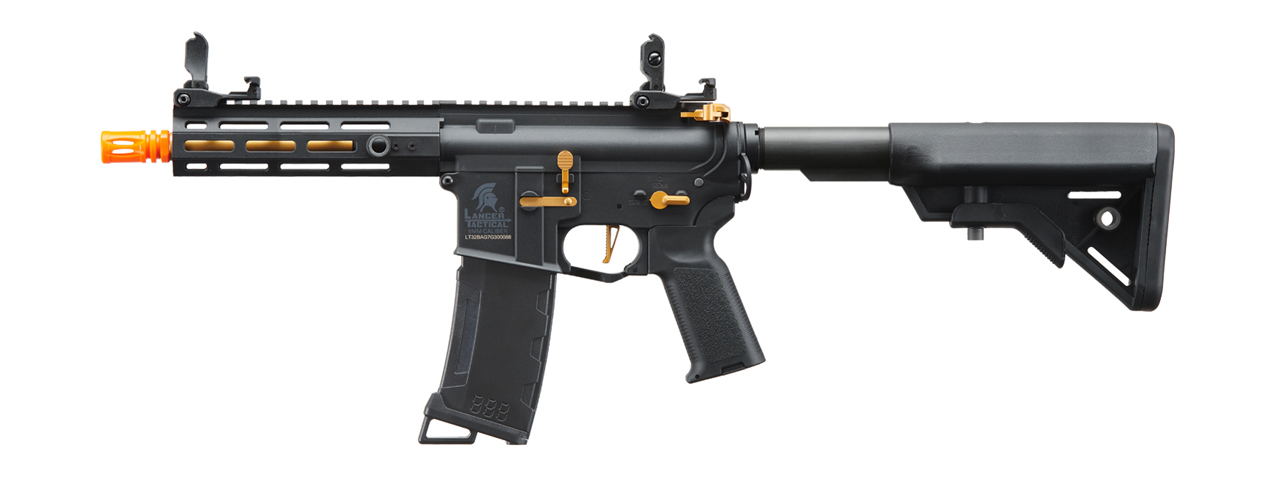 Lancer Tactical Gen 3 Hellion 7" M-LOK Airsoft AEG Rifle w/ Crane Stock (Color: Black & Gold)