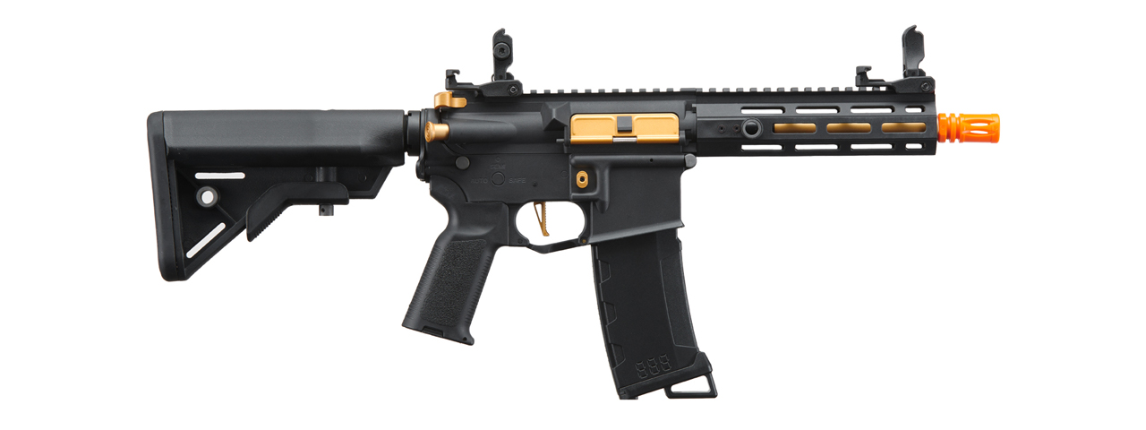 Lancer Tactical Gen 3 Hellion 7" M-LOK Airsoft AEG Rifle w/ Crane Stock (Color: Black & Gold) - Click Image to Close