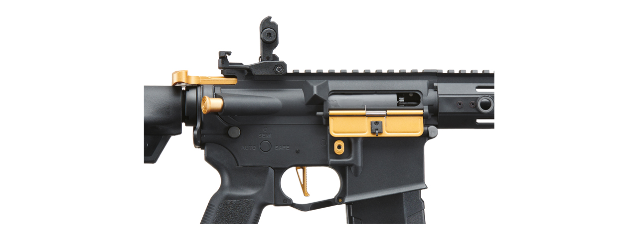 Lancer Tactical Gen 3 Hellion 7" M-LOK Airsoft AEG Rifle w/ Crane Stock (Color: Black & Gold) - Click Image to Close