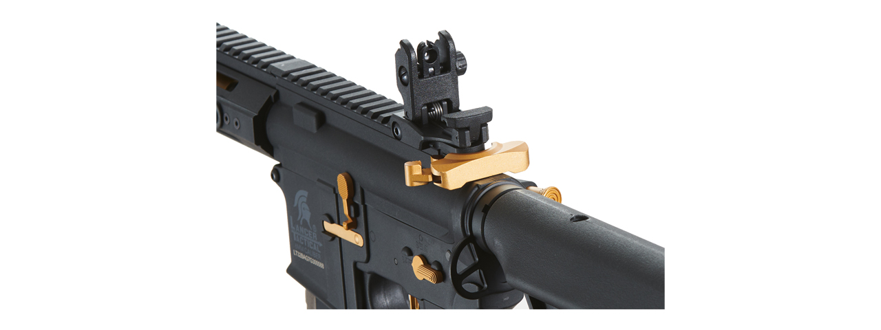 Lancer Tactical Gen 3 Hellion 7" M-LOK Airsoft AEG Rifle w/ Crane Stock (Color: Black & Gold) - Click Image to Close