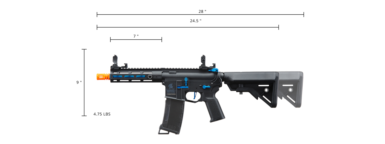 Lancer Tactical Gen 3 Hellion 7" M-LOK Airsoft AEG Rifle w/ Crane Stock (Color: Black & Blue) - Click Image to Close