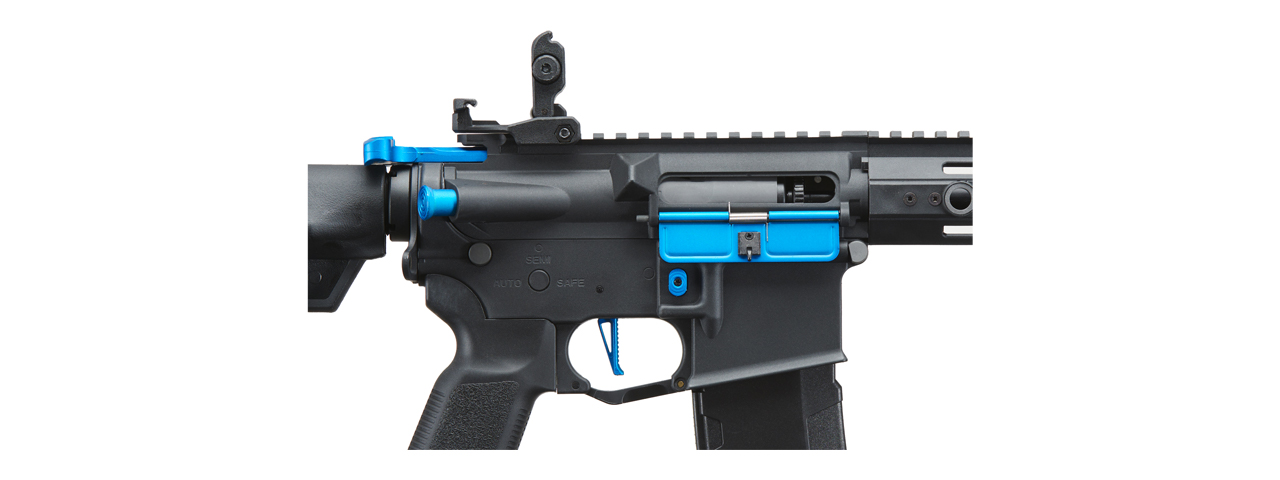 Lancer Tactical Gen 3 Hellion 7" M-LOK Airsoft AEG Rifle w/ Crane Stock (Color: Black & Blue) - Click Image to Close