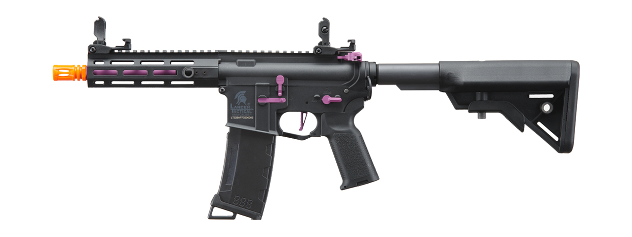 Lancer Tactical Gen 3 Hellion 7" M-LOK Airsoft AEG Rifle w/ Crane Stock (Color: Black & Purple) - Click Image to Close