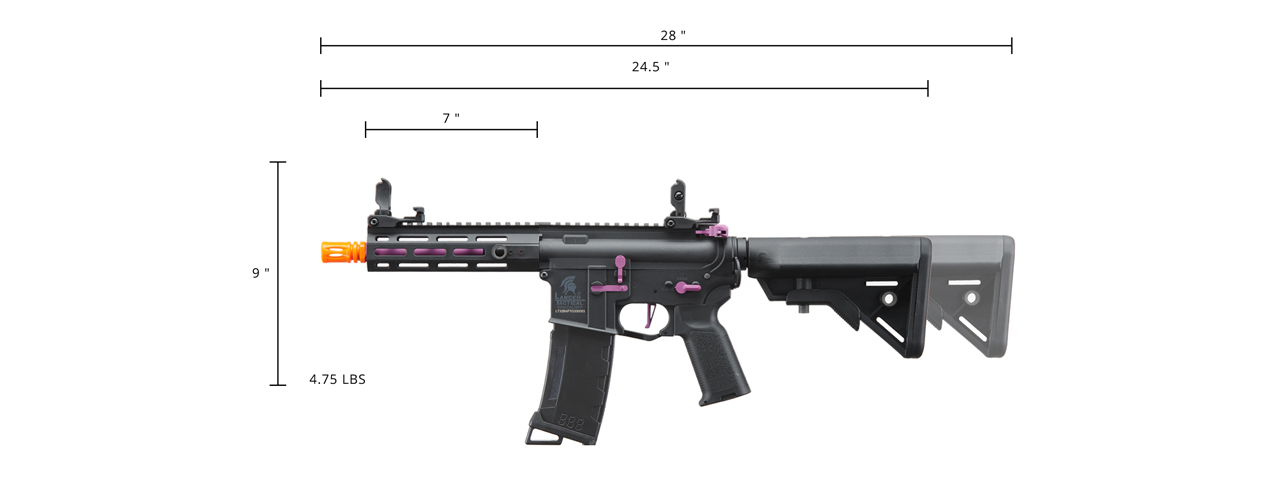 Lancer Tactical Gen 3 Hellion 7" M-LOK Airsoft AEG Rifle w/ Crane Stock (Color: Black & Purple) - Click Image to Close