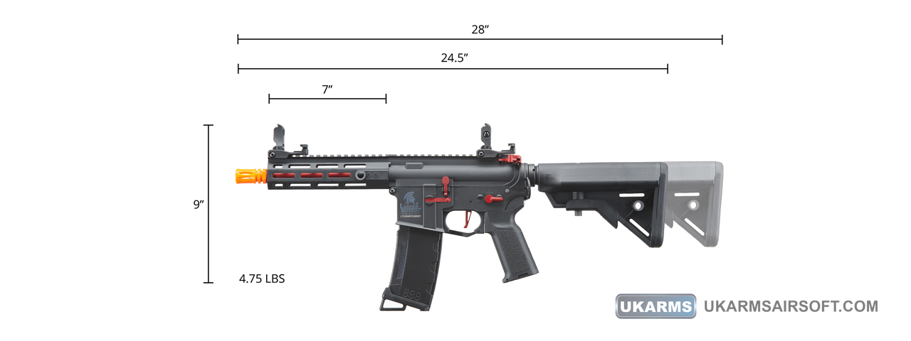 Lancer Tactical Gen 3 Hellion 7" M-LOK Airsoft AEG Rifle w/ Crane Stock (Color: Black & Red) - Click Image to Close