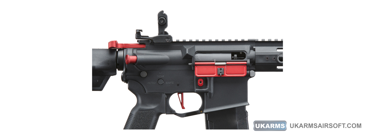 Lancer Tactical Gen 3 Hellion 7" M-LOK Airsoft AEG Rifle w/ Crane Stock (Color: Black & Red) - Click Image to Close