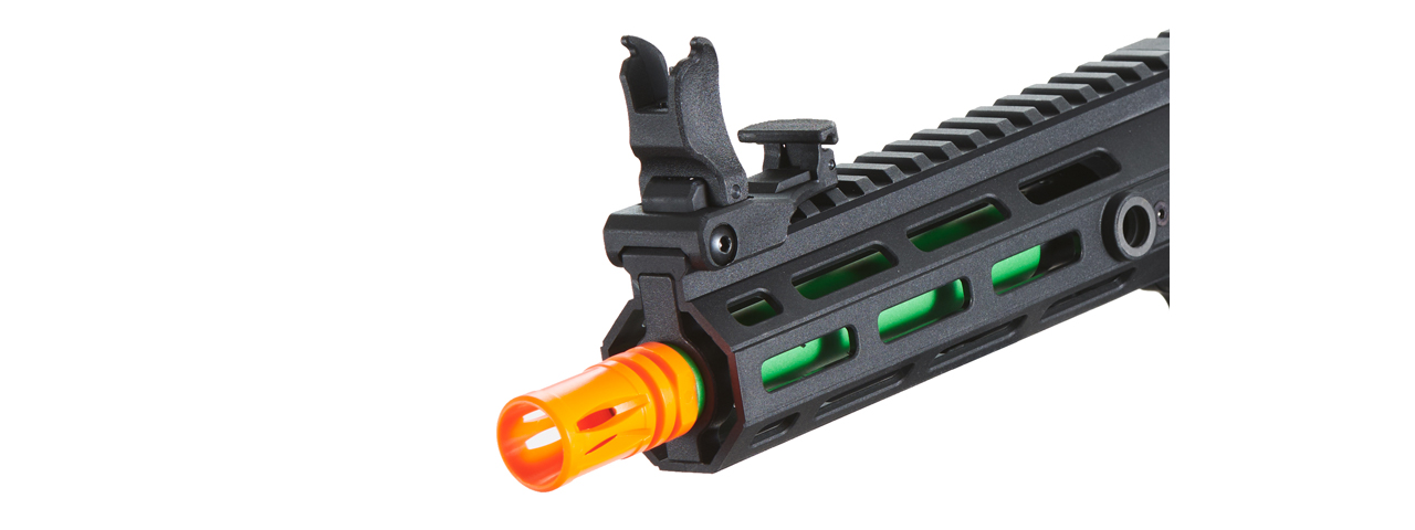 Lancer Tactical Gen 3 Hellion 7" M-LOK Airsoft AEG Rifle w/ Crane Stock (Color: Black & Green) - Click Image to Close