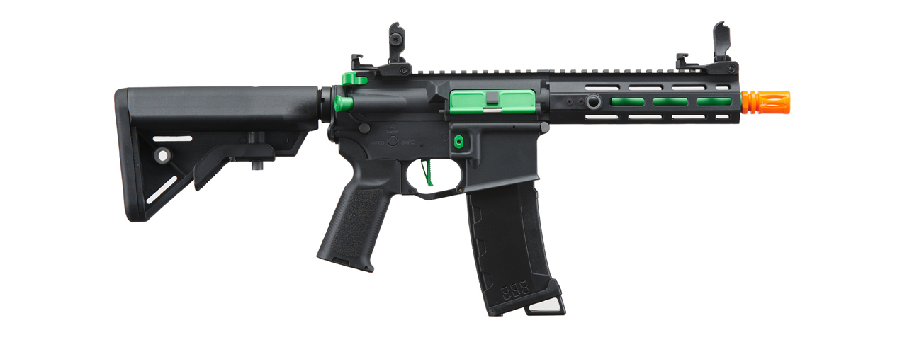 Lancer Tactical Gen 3 Hellion 7" M-LOK Airsoft AEG Rifle w/ Crane Stock (Color: Black & Green) - Click Image to Close