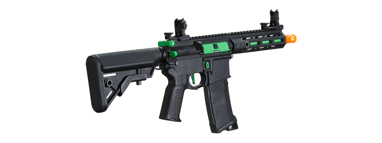 Lancer Tactical Gen 3 Hellion 7" M-LOK Airsoft AEG Rifle w/ Crane Stock (Color: Black & Green) - Click Image to Close