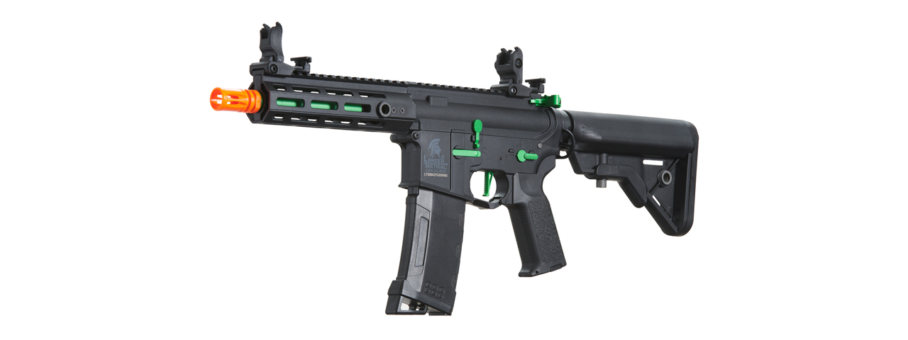Lancer Tactical Gen 3 Hellion 7" M-LOK Airsoft AEG Rifle w/ Crane Stock (Color: Black & Green) - Click Image to Close