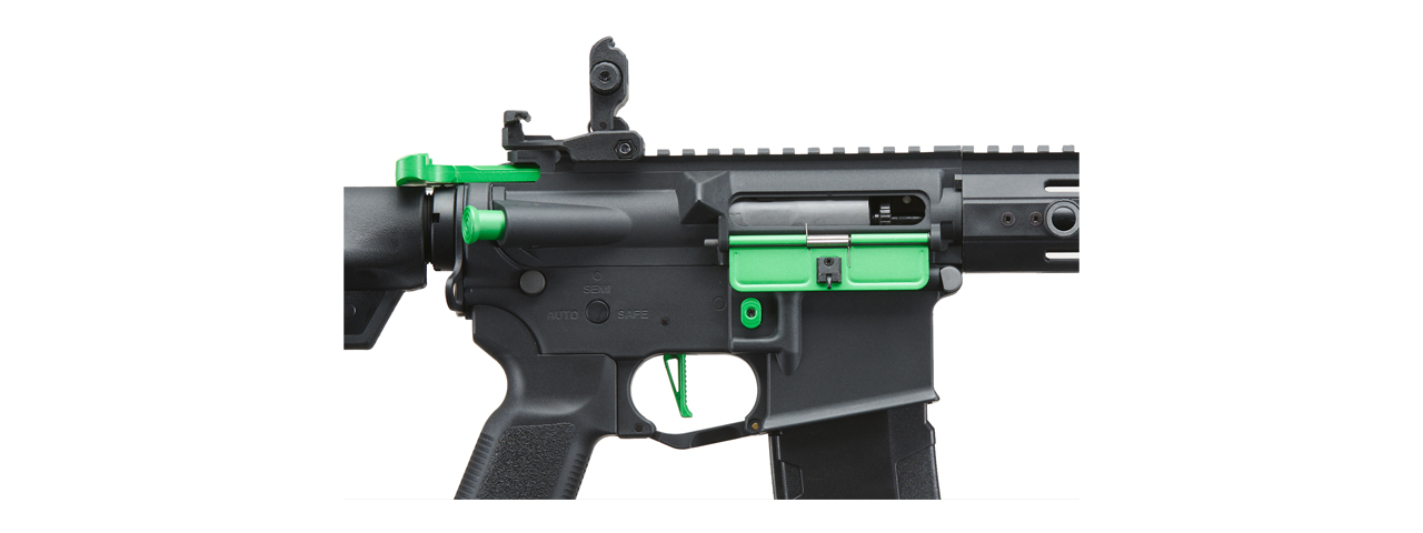 Lancer Tactical Gen 3 Hellion 7" M-LOK Airsoft AEG Rifle w/ Crane Stock (Color: Black & Green) - Click Image to Close