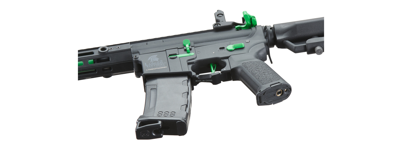 Lancer Tactical Gen 3 Hellion 7" M-LOK Airsoft AEG Rifle w/ Crane Stock (Color: Black & Green) - Click Image to Close