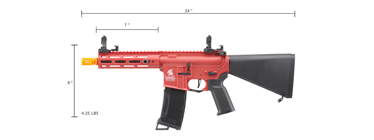 Lancer Tactical Gen 3 Hellion 7" M-LOK Airsoft AEG Rifle w/ Stubby Stock - (Red) - Click Image to Close