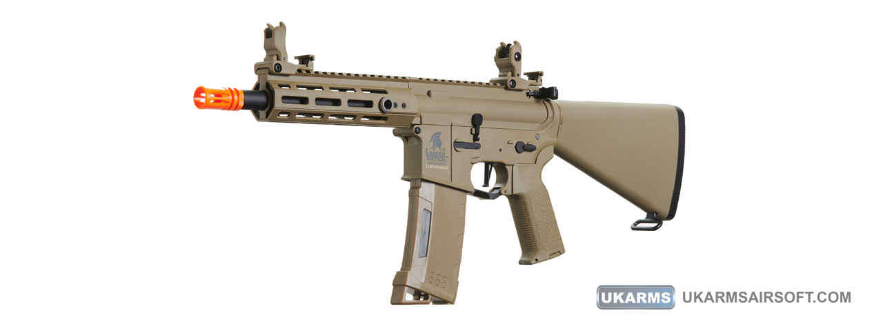 Lancer Tactical Gen 3 Hellion 7" M-LOK Airsoft AEG Rifle w/ Stubby Stock (Color: Tan) - Click Image to Close