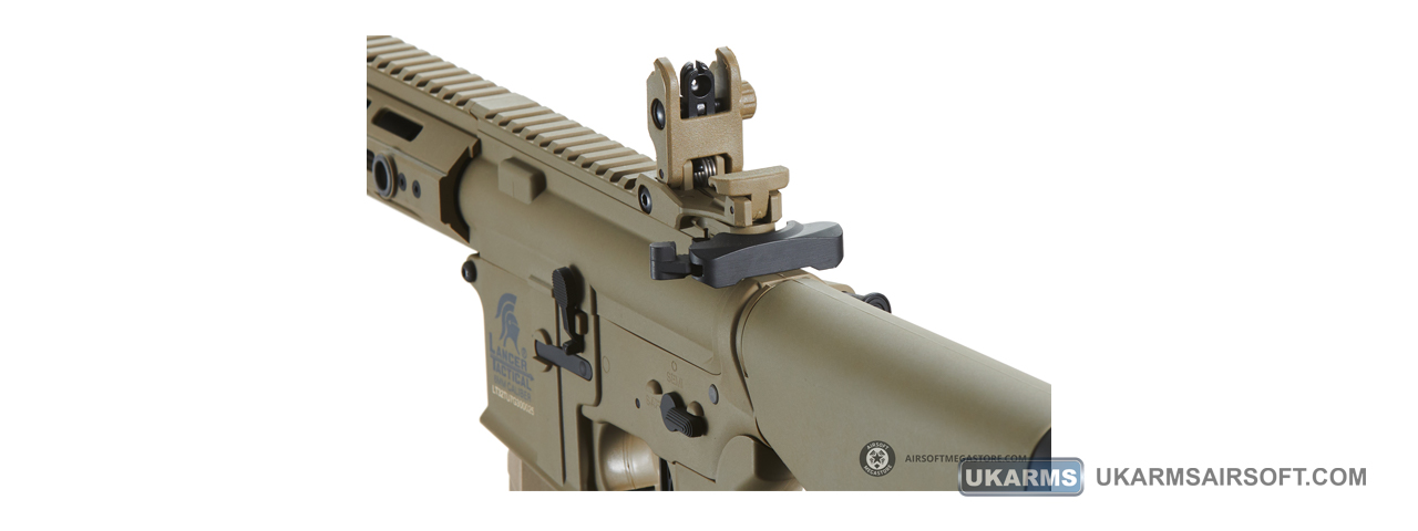 Lancer Tactical Gen 3 Hellion 7" M-LOK Airsoft AEG Rifle w/ Stubby Stock (Color: Tan) - Click Image to Close