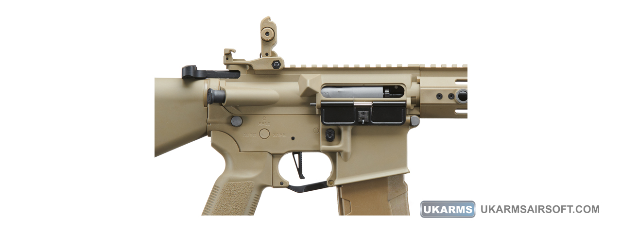 Lancer Tactical Gen 3 Hellion 7" M-LOK Airsoft AEG Rifle w/ Stubby Stock (Color: Tan) - Click Image to Close