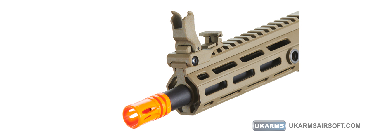 Lancer Tactical Gen 3 Hellion 7" M-LOK Airsoft AEG Rifle w/ Stubby Stock (Color: Tan) - Click Image to Close